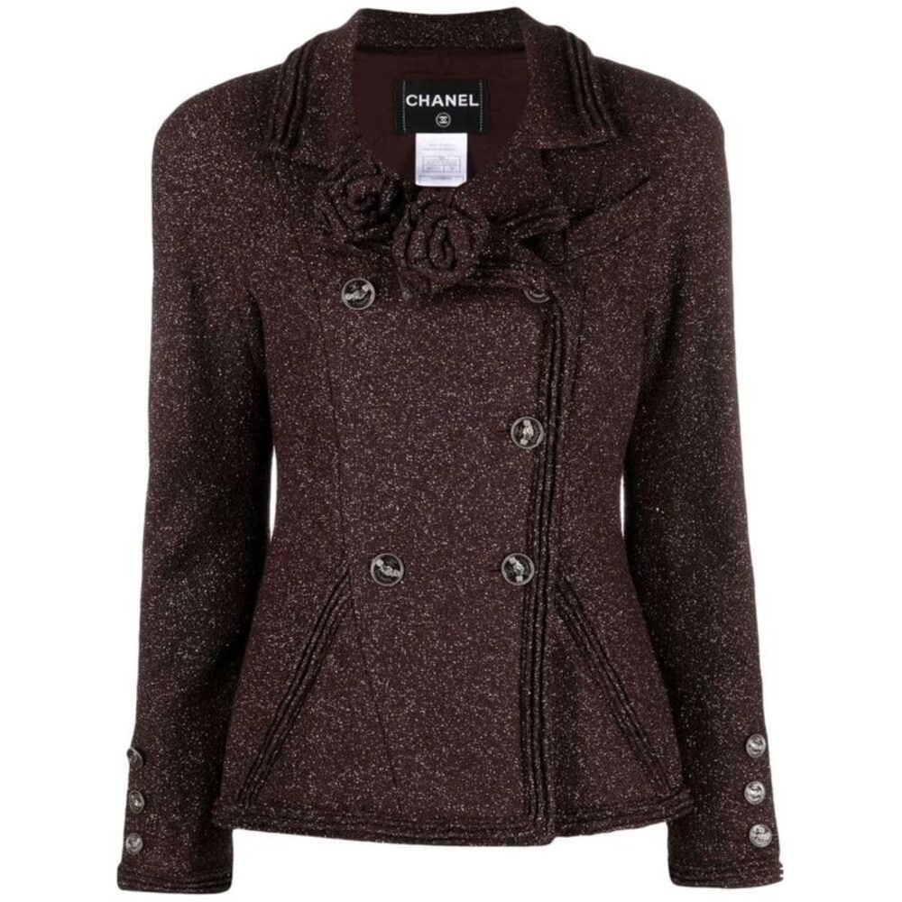 Chanel 2008 Bordeaux Lurex Double-Breasted Jacket with Camellia Brooches